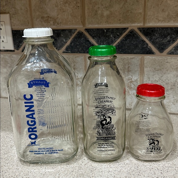 Straus Family Creamery Other - Straus Family Creamery Milk Glass Bottles Set of 3